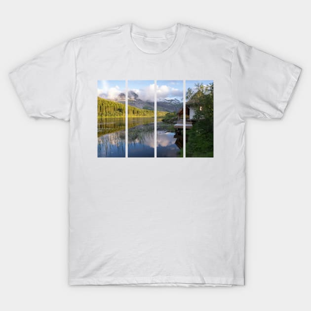 Wonderful landscapes in Norway. Nordland. Beautiful scenery of Thaihuset in a mountain valley. It is idyllically situated by a calm water. Mountains and trees in background. Sunset. T-Shirt by fabbroni-art